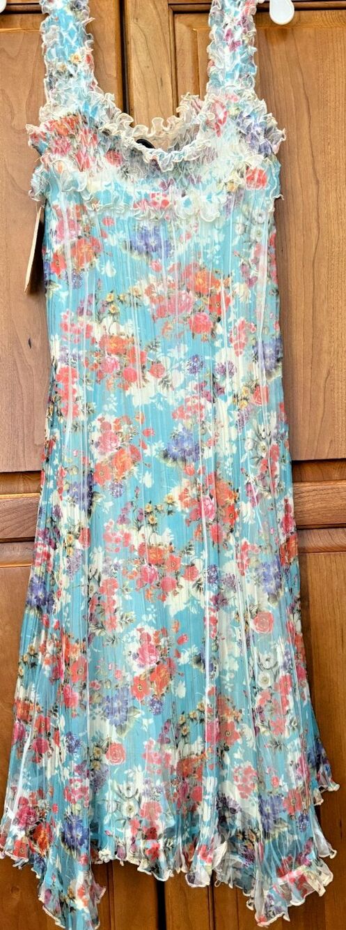 KOMAROV Sundress Coral Aqua Flouncy Pleated Charmeuse Slip Dress Size Small NWT